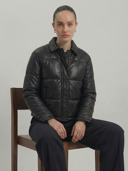 Women's Puffer Leather Jacket : Fashion Bomber Style