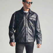 Men's Oversized Black Leather Bomber Jacket Baggy Streetwear Style, Relaxed Fit,Loose-Fit Fashion