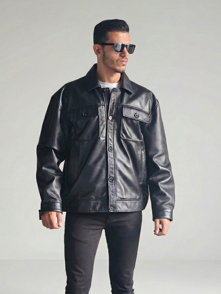 Men's Oversized Black Leather Bomber Jacket Baggy Streetwear Style, Relaxed Fit,Loose-Fit Fashion