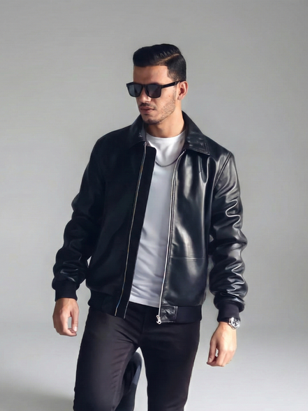 Vintage Leather Bomber Jacket for Mens -  Casual Streetwear Relaxed Fit Lightweight Jackets