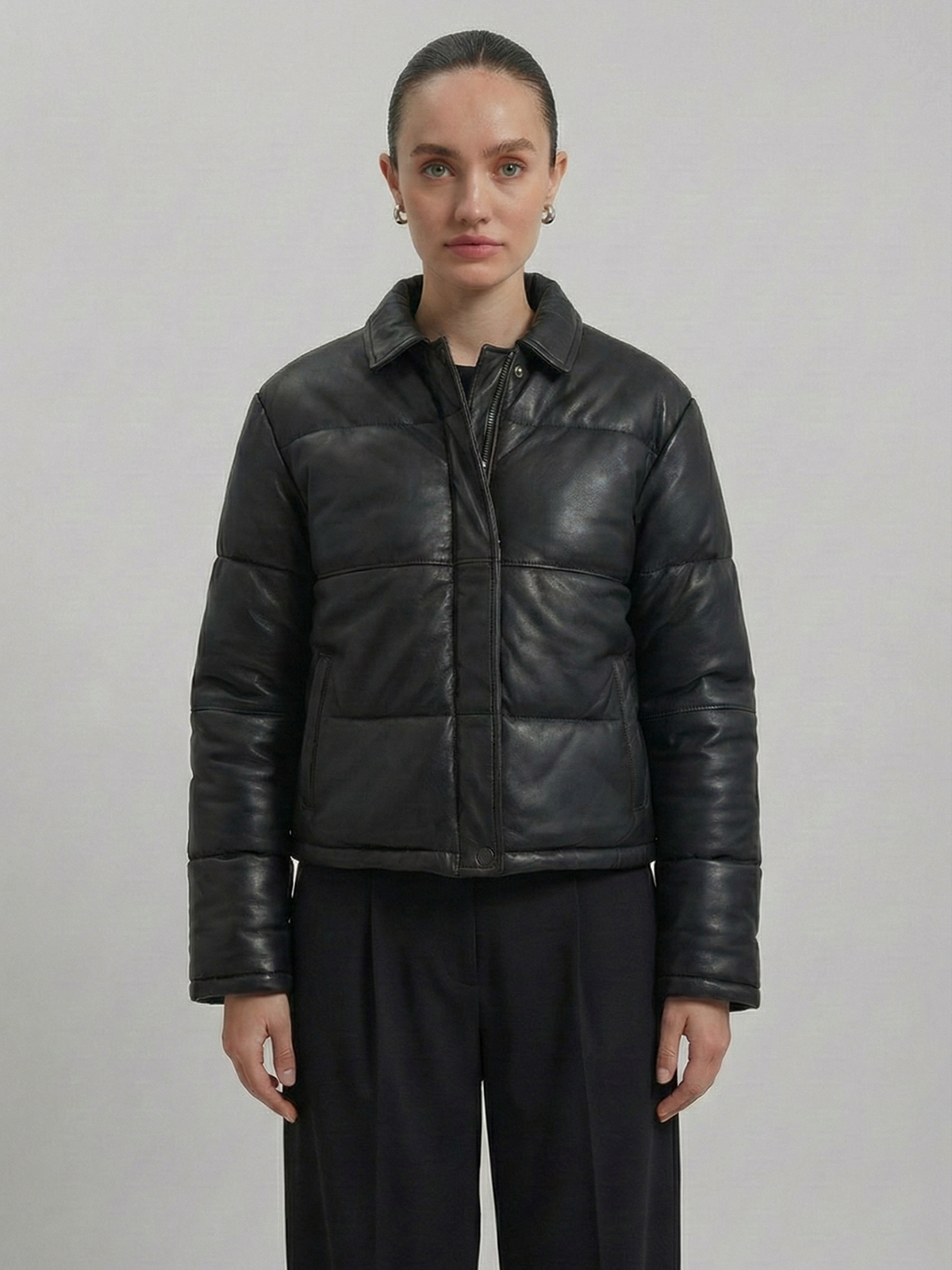 Women's Puffer Leather Jacket : Fashion Bomber Style