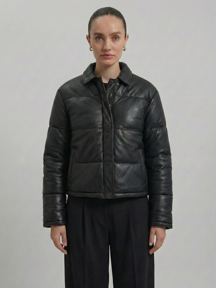Women's Puffer Leather Jacket : Fashion Bomber Style