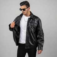 Men's Oversized Black Leather Bomber Jacket Baggy Streetwear Style, Relaxed Fit,Loose-Fit Fashion