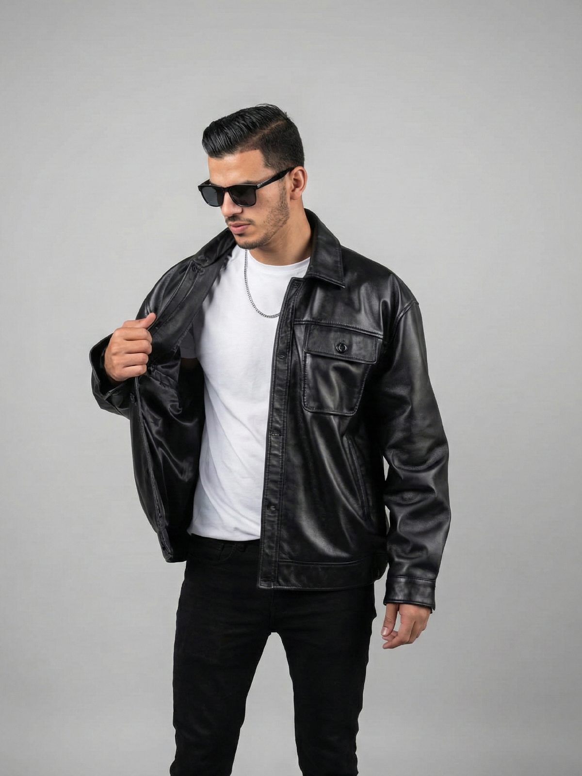 Men's Oversized Black Leather Bomber Jacket Baggy Streetwear Style, Relaxed Fit,Loose-Fit Fashion