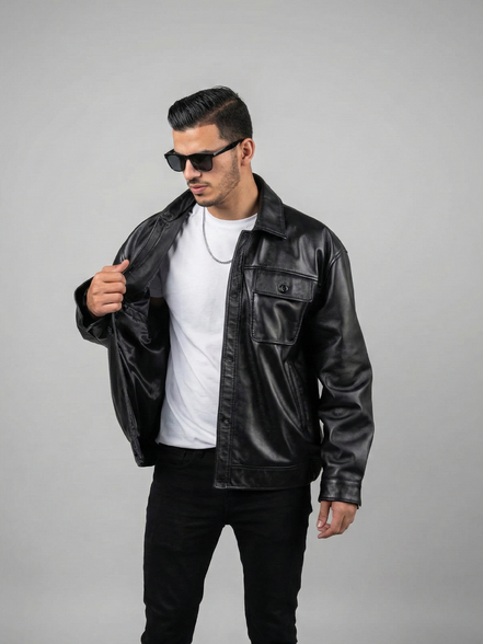Men's Oversized Black Leather Bomber Jacket Baggy Streetwear Style, Relaxed Fit,Loose-Fit Fashion