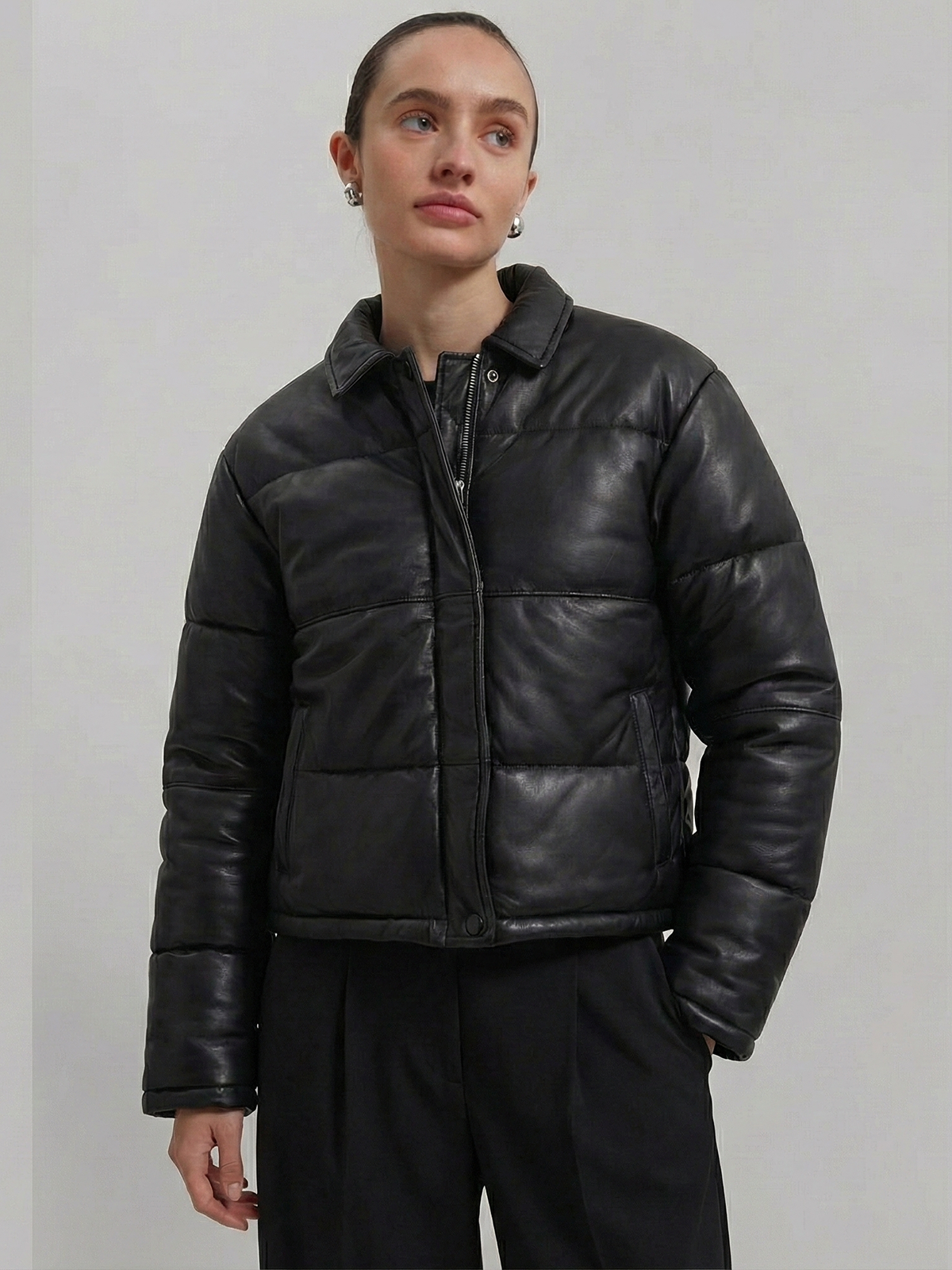 Women's Puffer Leather Jacket : Fashion Bomber Style