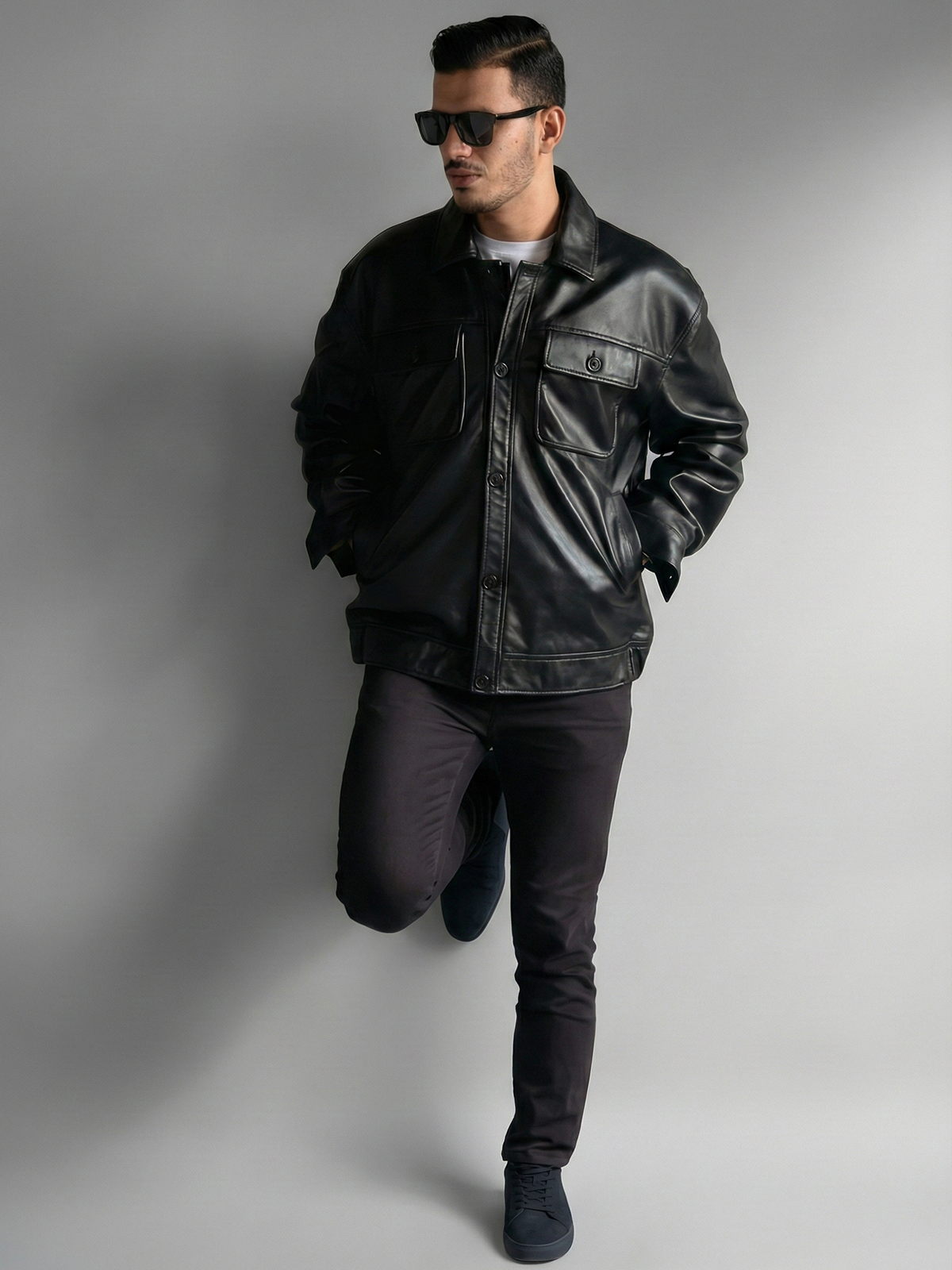 Men's Oversized Black Leather Bomber Jacket Baggy Streetwear Style, Relaxed Fit,Loose-Fit Fashion