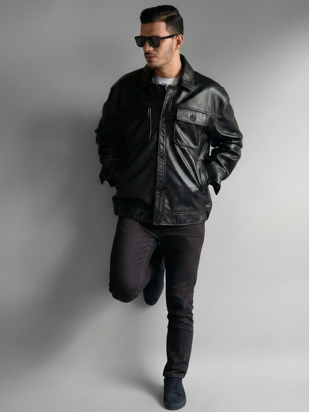 Men's Oversized Black Leather Bomber Jacket Baggy Streetwear Style, Relaxed Fit,Loose-Fit Fashion