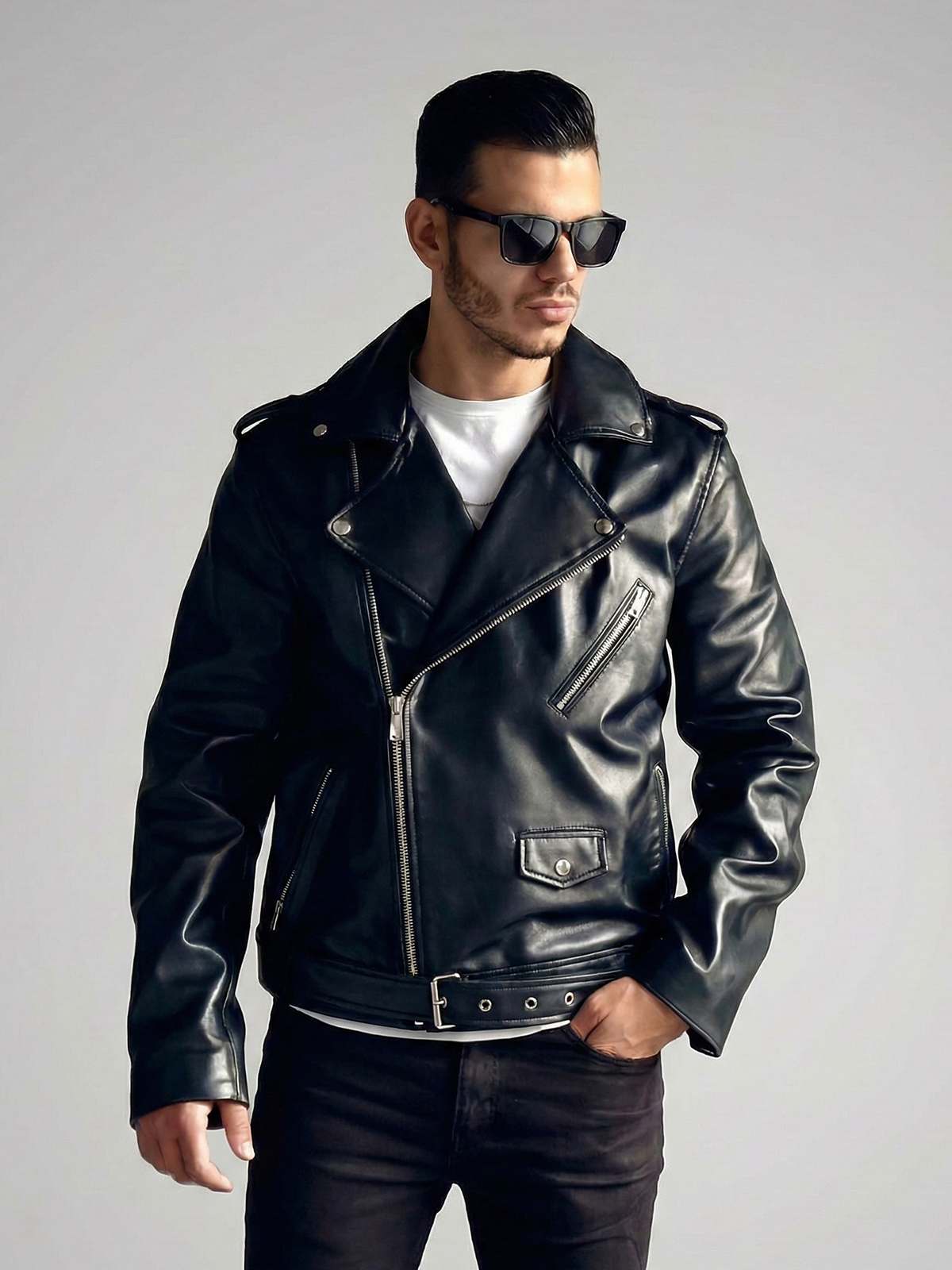 Black Leather Biker Jacket – Asymmetrical Zipper Moto Jacket