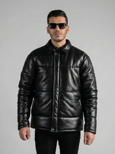 Men's Puffer Leather Jacket - Warm Winter Outerwear