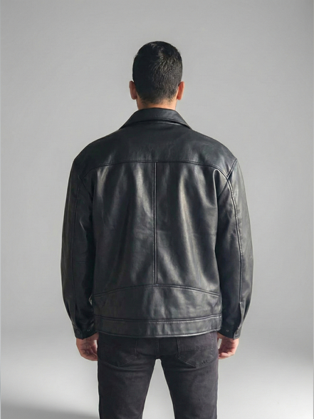 Men's Oversized Black Leather Bomber Jacket Baggy Streetwear Style, Relaxed Fit,Loose-Fit Fashion