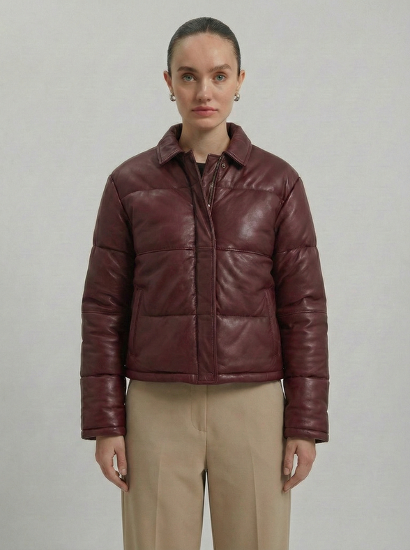 Women's Puffer Leather Jacket : Fashion Bomber Style