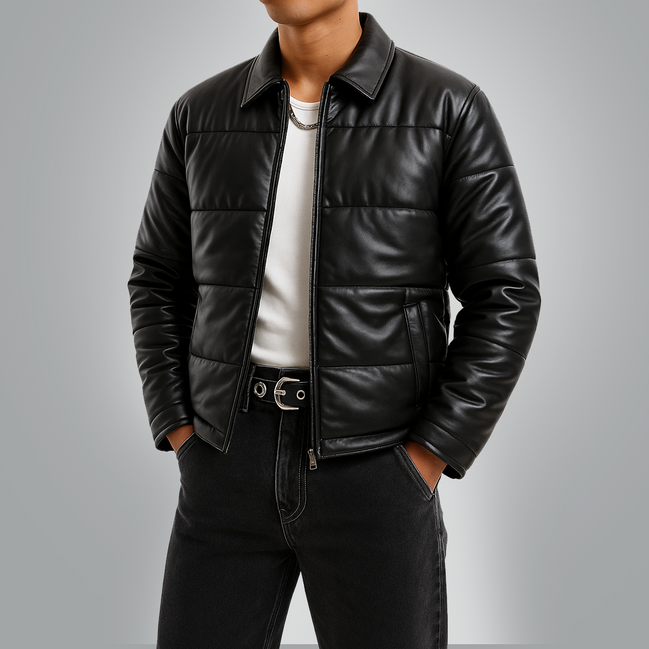 Men's Puffer Leather Jacket - Warm Winter Outerwear