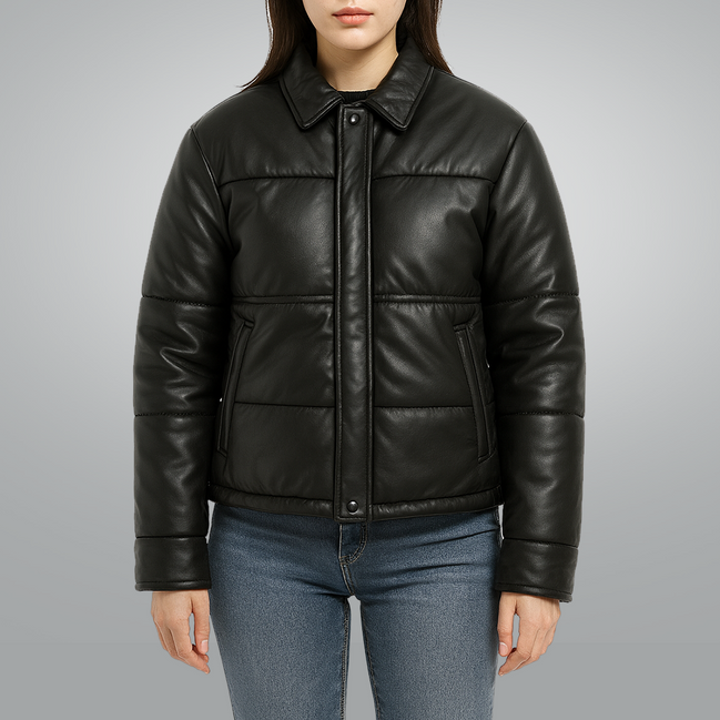 Women's Puffer Leather Jacket : Fashion Bomber Style