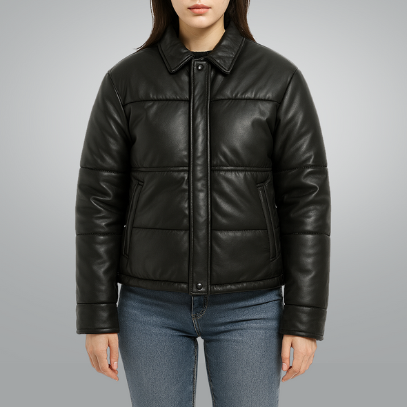 Women's Puffer Leather Jacket : Fashion Bomber Style