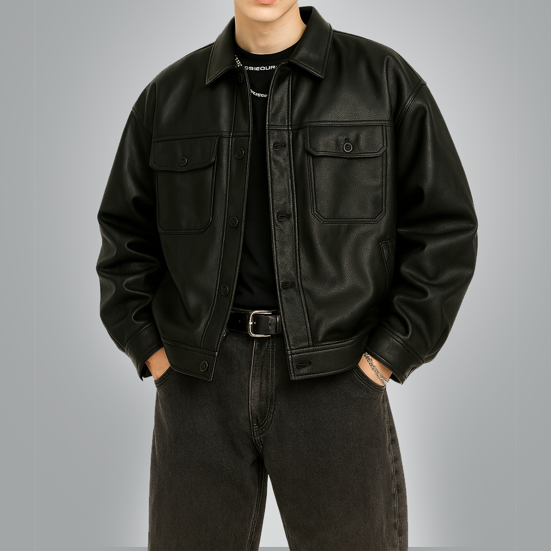 Men's Oversized Black Leather Bomber Jacket Baggy Streetwear Style, Relaxed Fit,Loose-Fit Fashion