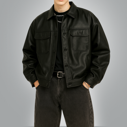 Men's Oversized Black Leather Bomber Jacket Baggy Streetwear Style, Relaxed Fit,Loose-Fit Fashion