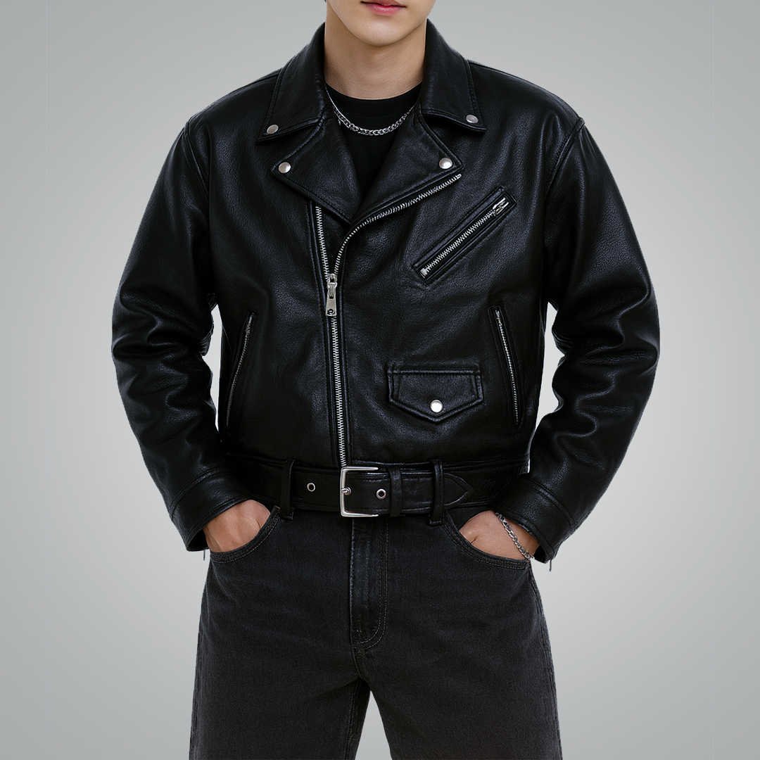 Black Leather Biker Jacket – Asymmetrical Zipper Moto Jacket – FERRA