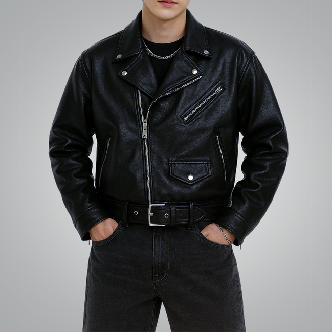 Black Leather Biker Jacket – Asymmetrical Zipper Moto Jacket