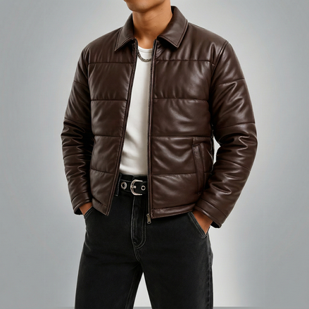 Men's Puffer Leather Jacket - Warm Winter Outerwear