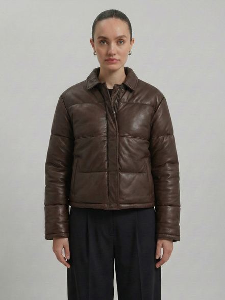 Women's Puffer Leather Jacket : Fashion Bomber Style