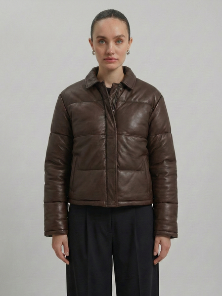 Women's Puffer Leather Jacket : Fashion Bomber Style