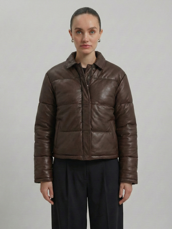Women's Puffer Leather Jacket : Fashion Bomber Style